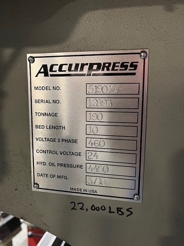190 TON ACCUPRESS MDL. #519010 PRESS BRAKE